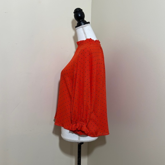 Worthington || Orange & Black Polka Dot Blouse  3/4 Sleeves High Neck size PM - Picture 2 of 5